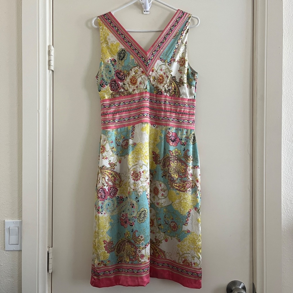 Silk‎ Floral Paisley Dress 8 V Neck Beaded Empire Waist Boho Art Romantic Party